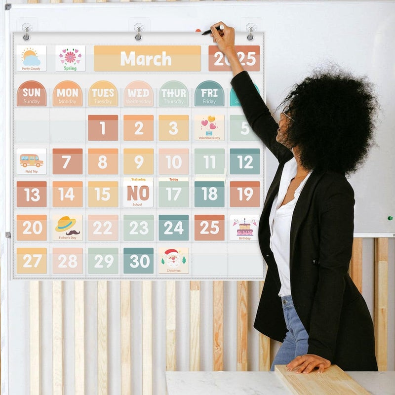 Jenlan Large Calendar Pocket Chart, Calendar Learning Classroom Calendar Pocket Chart with 115 Cards for Classroom Calendar and Weather Pocket Chart for Home Kindergarten Learning(White) - Image 5